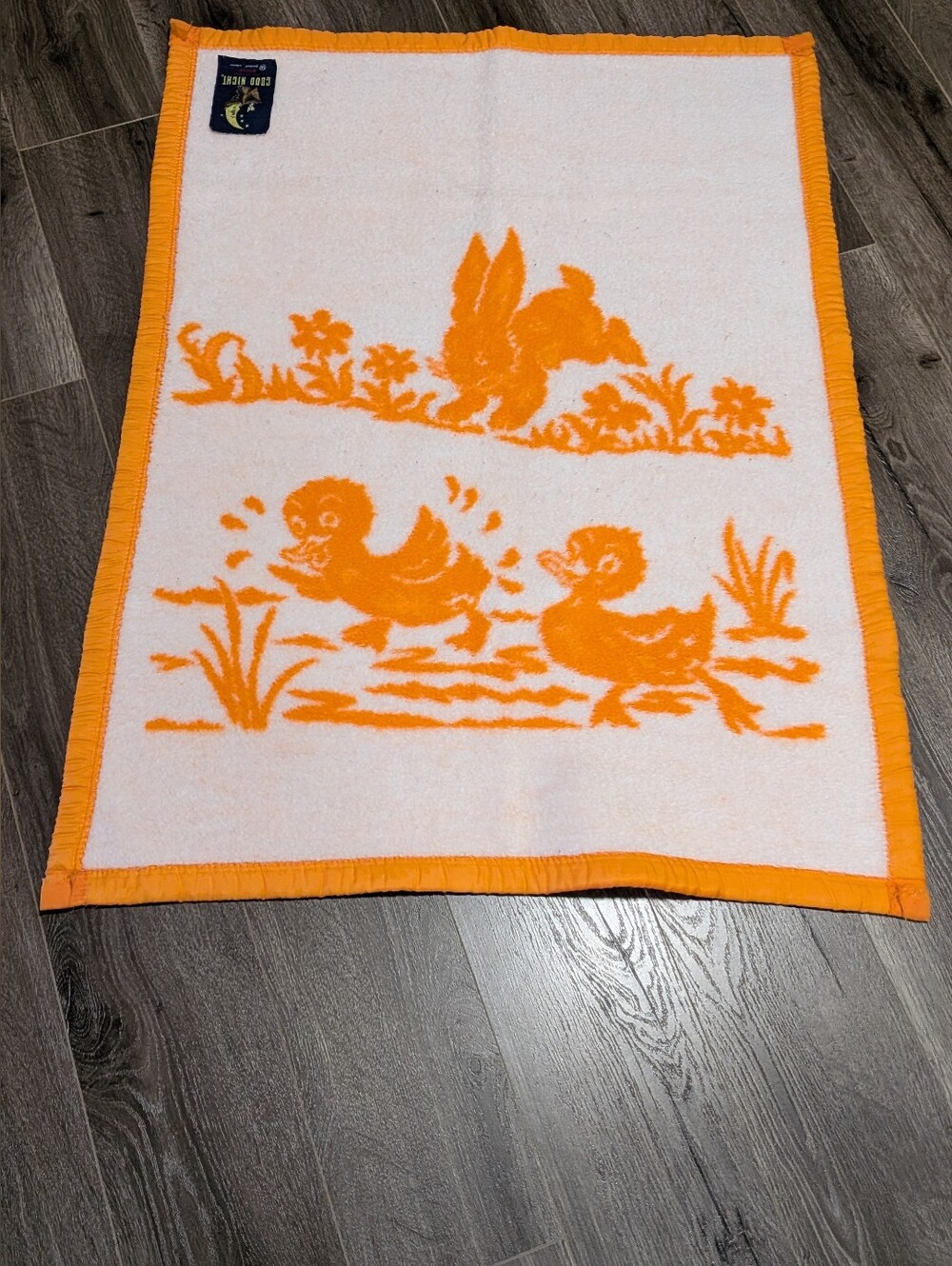 Belgium. Vintage Duck & Bunny Orange White Baby Blanket. 40x30 Inches. GUC.